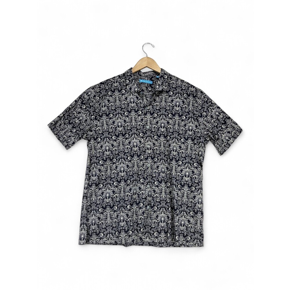 Tori Richard Men's Short-Sleeve Button-Up Shirt Navy Damask L